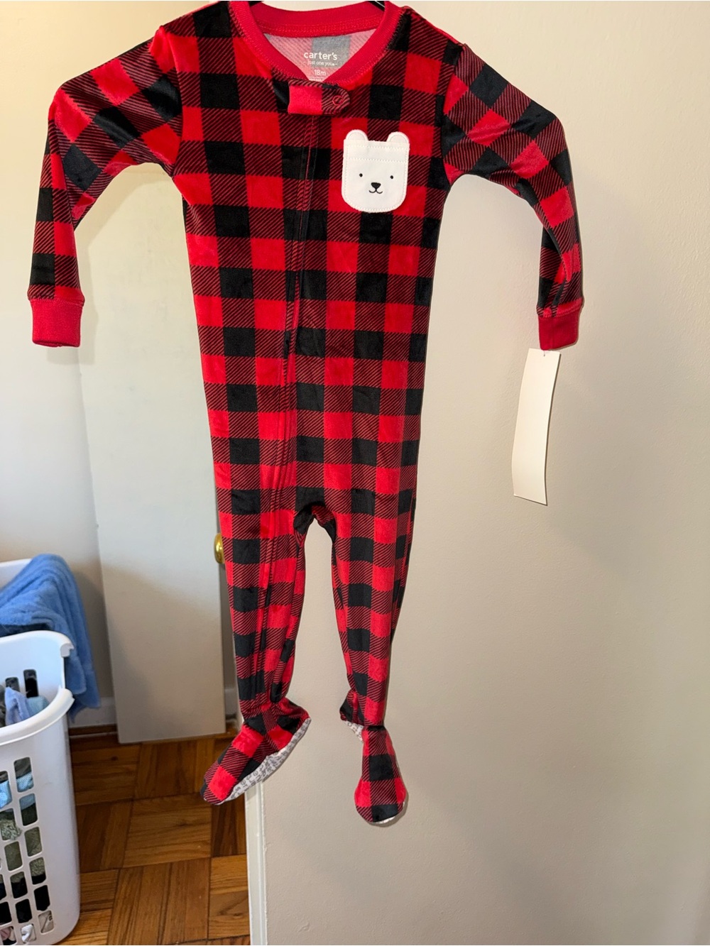 Carter's Red & Black Buffalo Plaid Footed One-Piece with Bear Patch